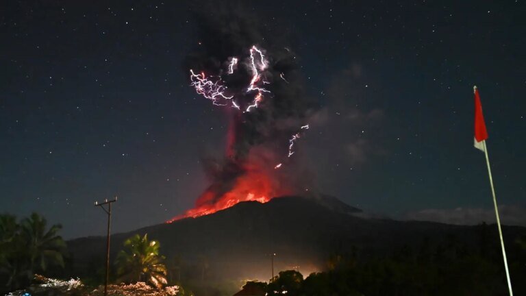 Stunning photos capture moment one of Indonesia's most active volcanoes erupts
