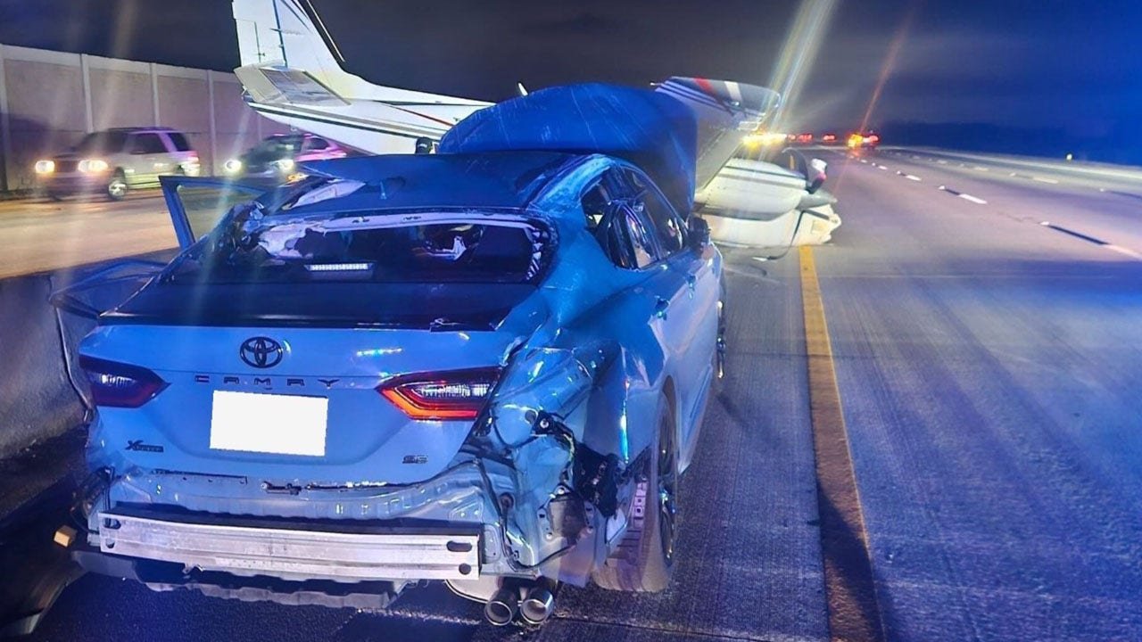 Plane crash-lands on top of Toyota on Florida freeway following engine trouble