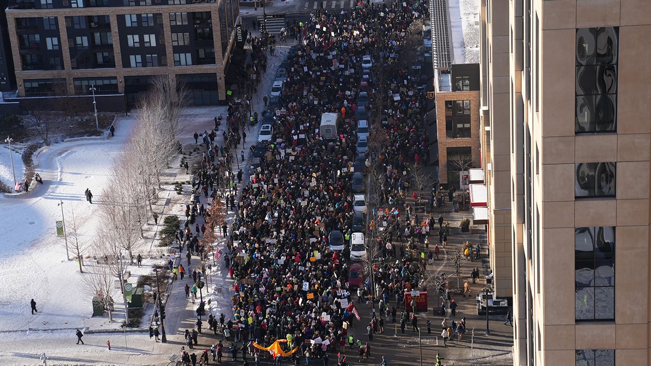 Thousands march through Minneapolis, swarm Target Center demanding ICE removal from Minnesota